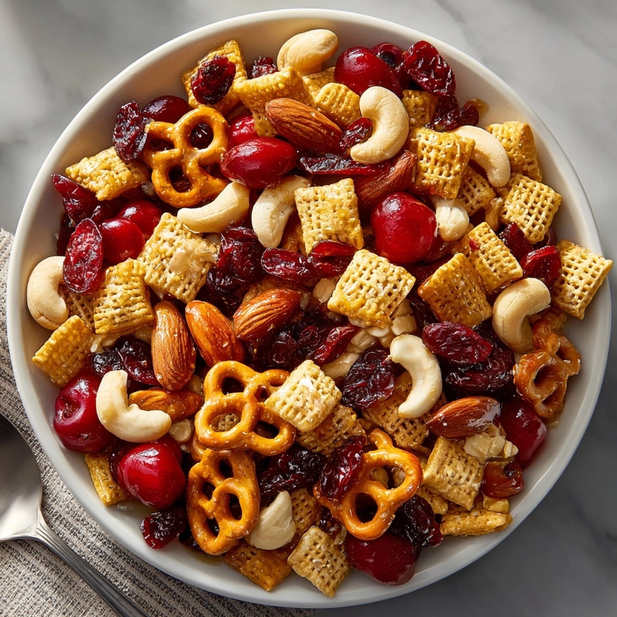 Close-up of a colorful Cherry Hot Honey Pretzel Snack Mix, perfect party snack mix.