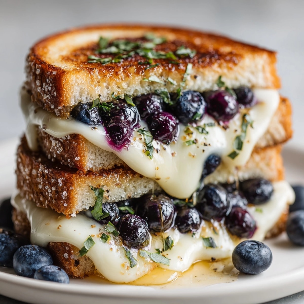 Golden, gooey Midnight Blueberry Grilled Cheese: sweet blueberries melting with creamy brie on crispy, buttery sourdough.