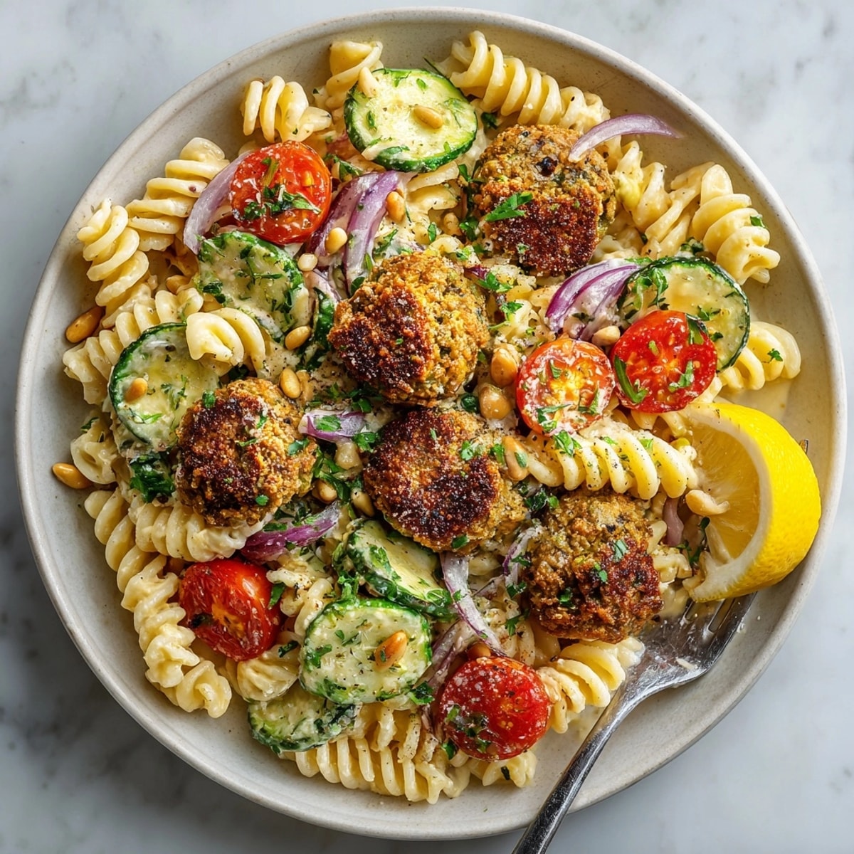 Golden-brown falafel nestled on Falafel Pasta with Tahini Sauce, drizzled with creamy sauce and herbs.