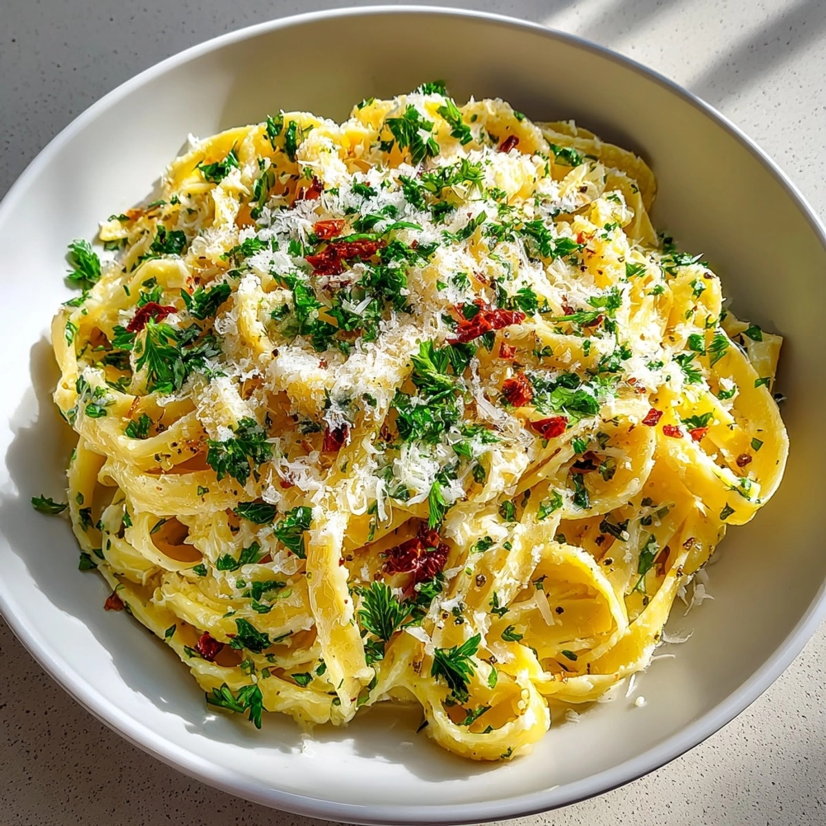 Creamy Garlic Butter Parmesan Noodles swirled on a plate, garnished with lemon zest and parsley.