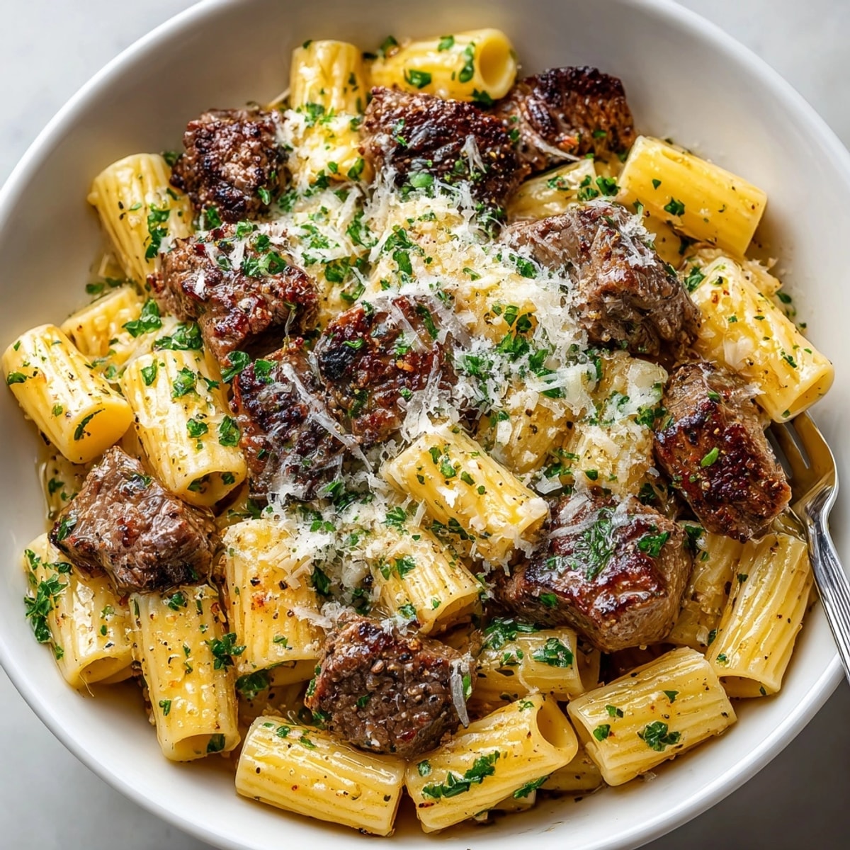 Tender steak bites atop creamy Garlic Butter Steak Parmesan Rigatoni, ready for a comforting dinner.