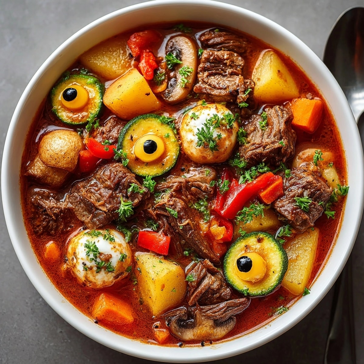 Close-up of savory Ghoul-ash Stew bubbling in a pot, ready for hungry monsters.