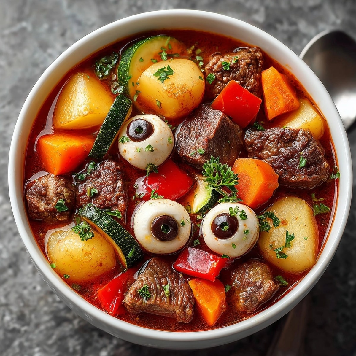 Warm, inviting Ghoul-ash Stew with rich gravy, tender meat, and festive Halloween garnishes.