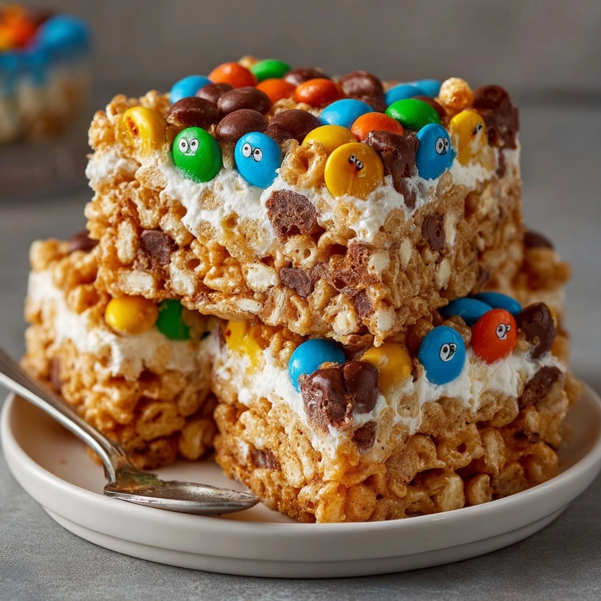 Homemade Monster Marshmallow Cereal Bars ready to serve, a fun, sweet, and crispy treat.