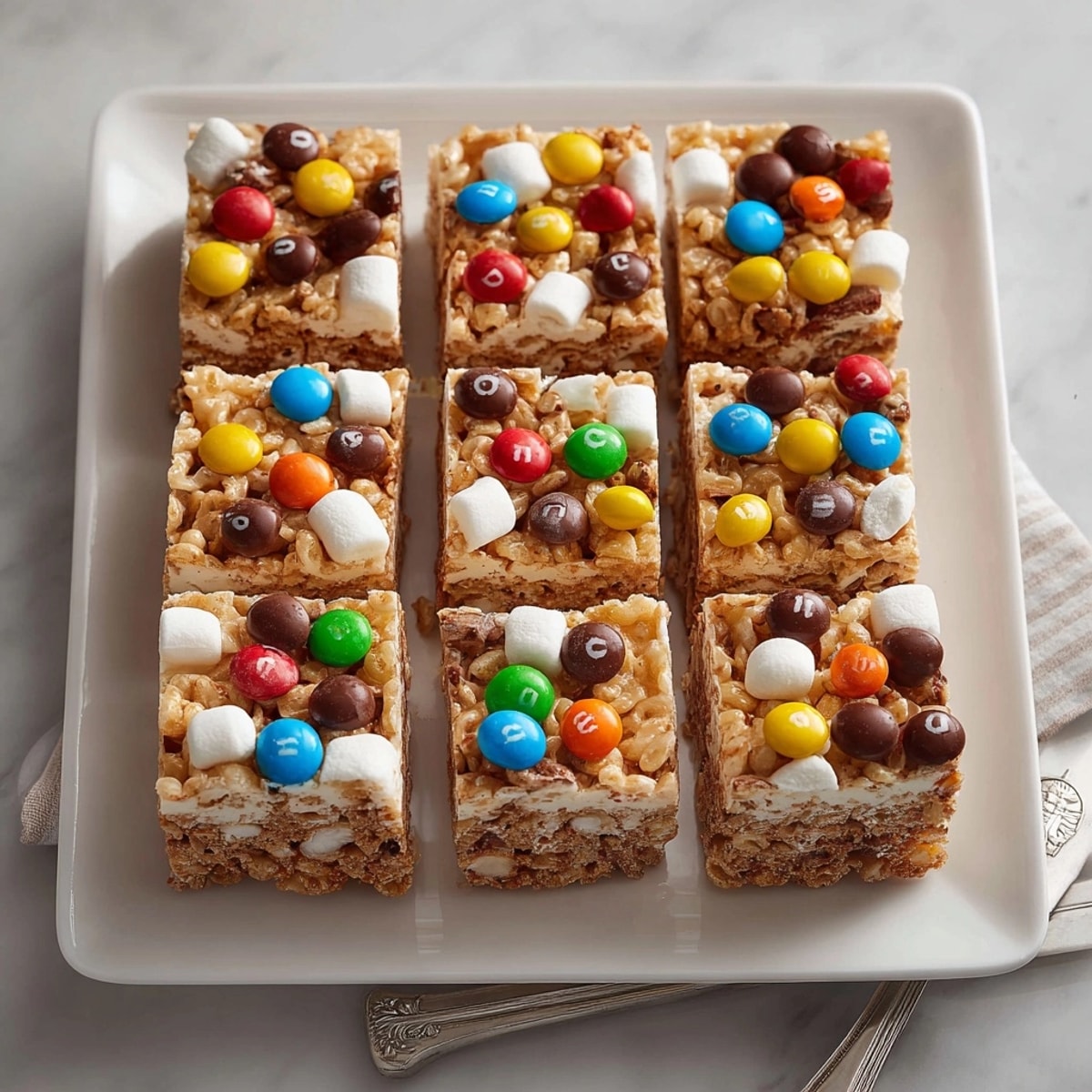 Top-down view of pan of Monster Marshmallow Cereal Bars studded with candies and chocolate chips.
