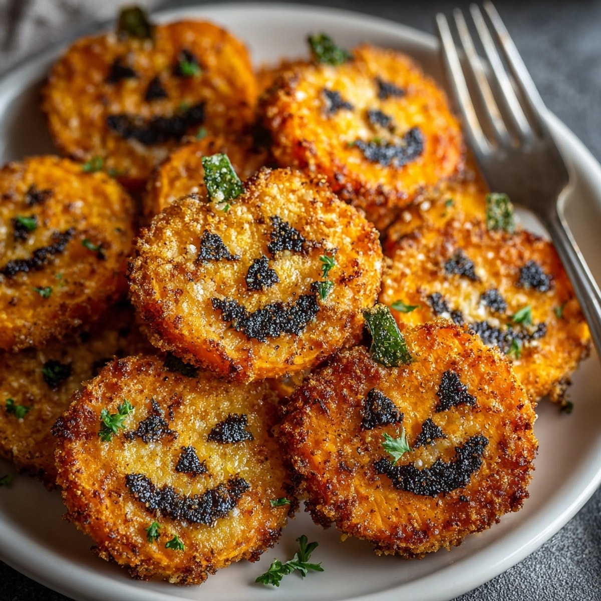 Crispy Air-Fryer Sweet Potato Jack-o'-Lantern Fries, seasoned and ready for dipping.