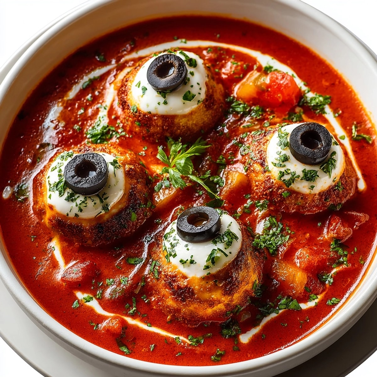 Eyeball Mozzarella Tomato Soup: Cheesy "eyeballs" float in vibrant, simmering tomato soup, garnished basil.