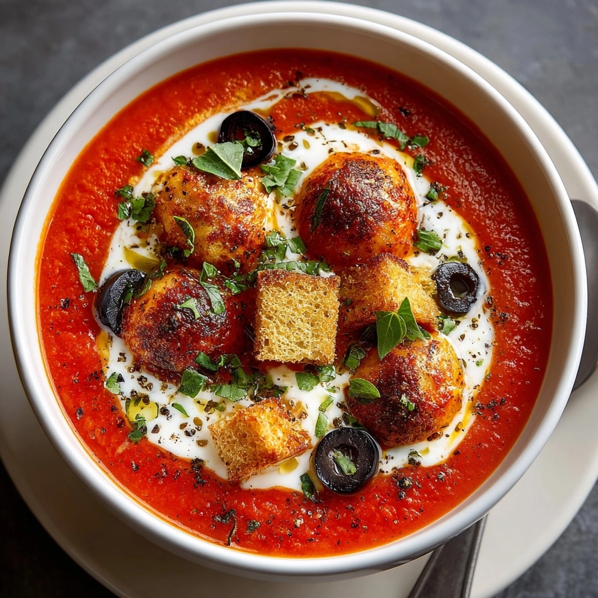 Delicious Eyeball Mozzarella Tomato Soup: Close-up of festive homemade soup, ready for serving with basil.