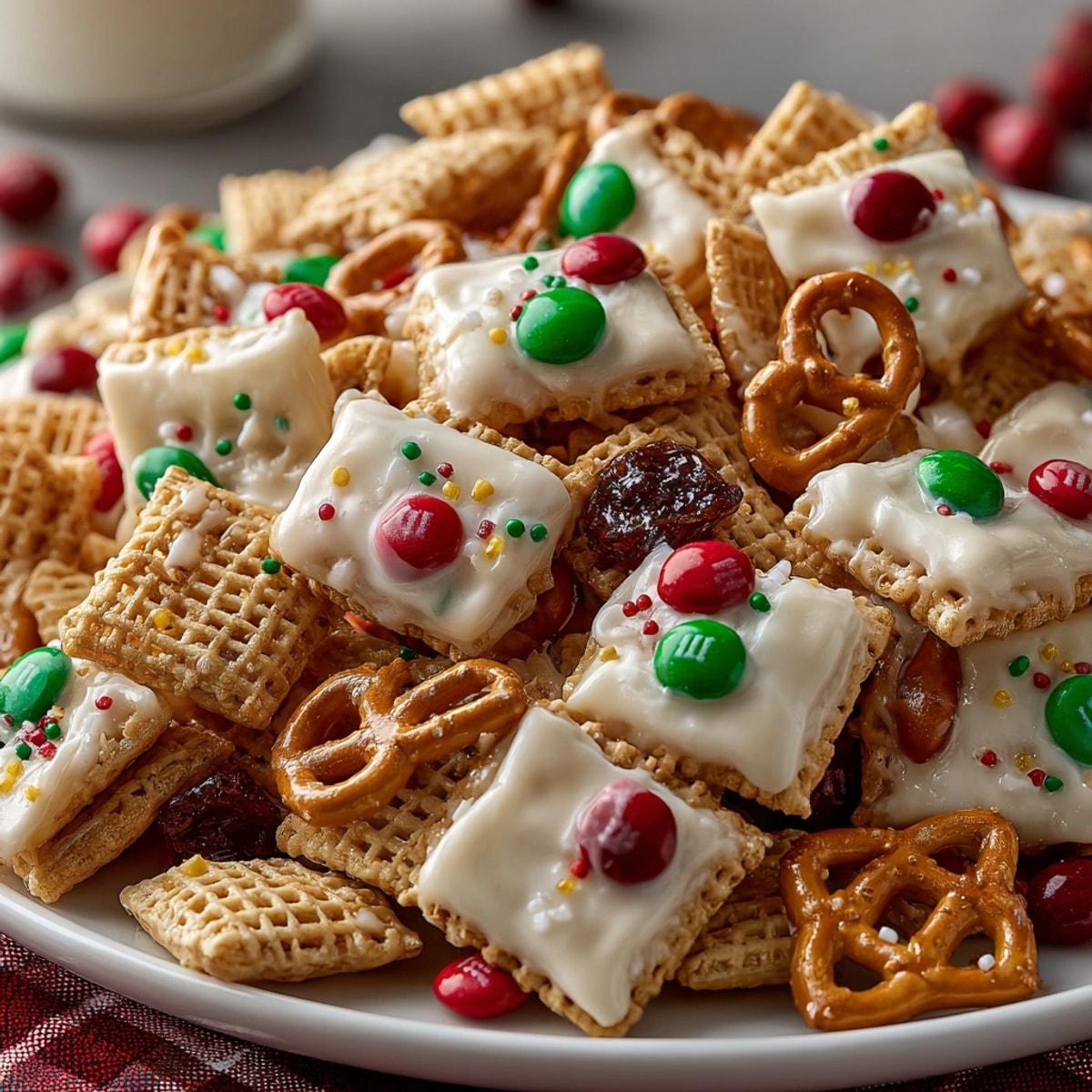 Easy White Chocolate Holiday Chex Mix recipe: a classic sweet snack with salty peanuts.