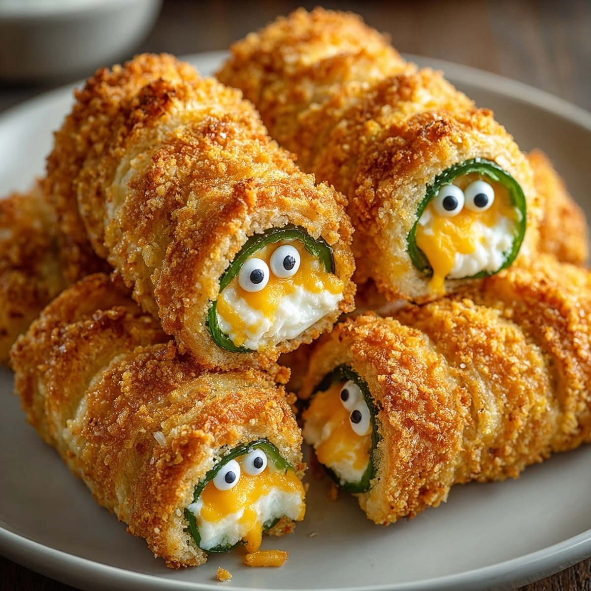 Golden brown Mummy Jalapeño Poppers: cheesy, spicy Halloween appetizers with crispy dough wraps and candy eyes.