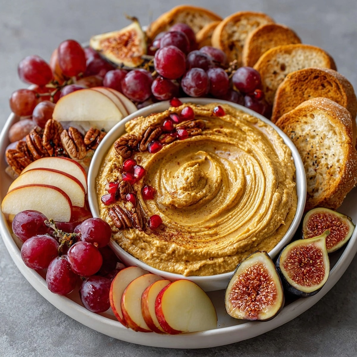 Creamy Pumpkin Spice Butter Board with sliced apples, pears, and toasted baguette for dipping.