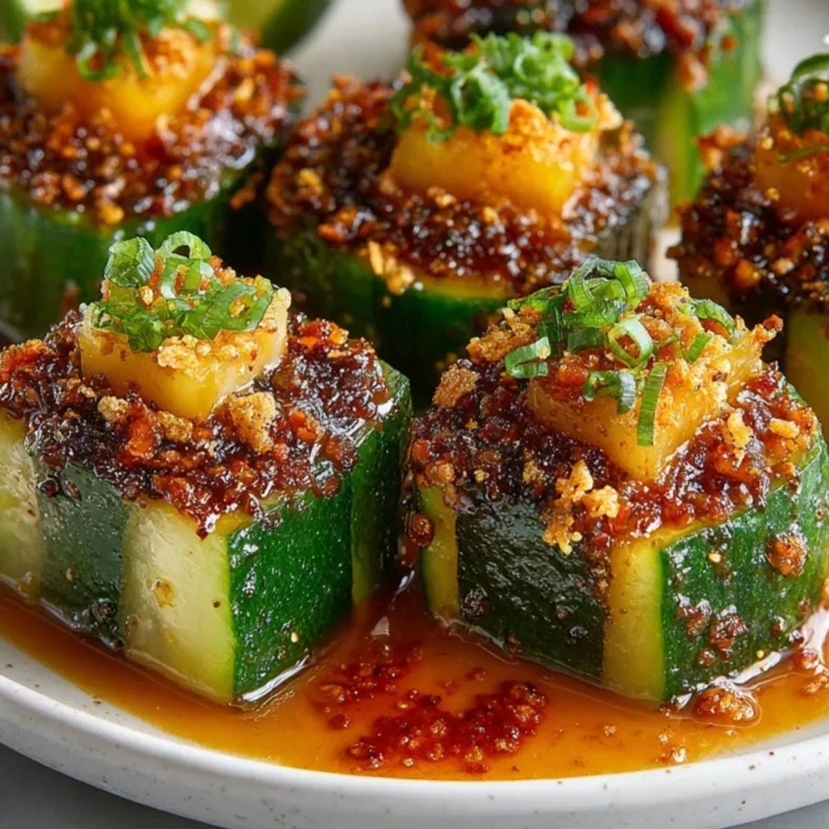 Close-up of bright red Chamoy Pickle Bites; juicy, tangy snack ready to eat.