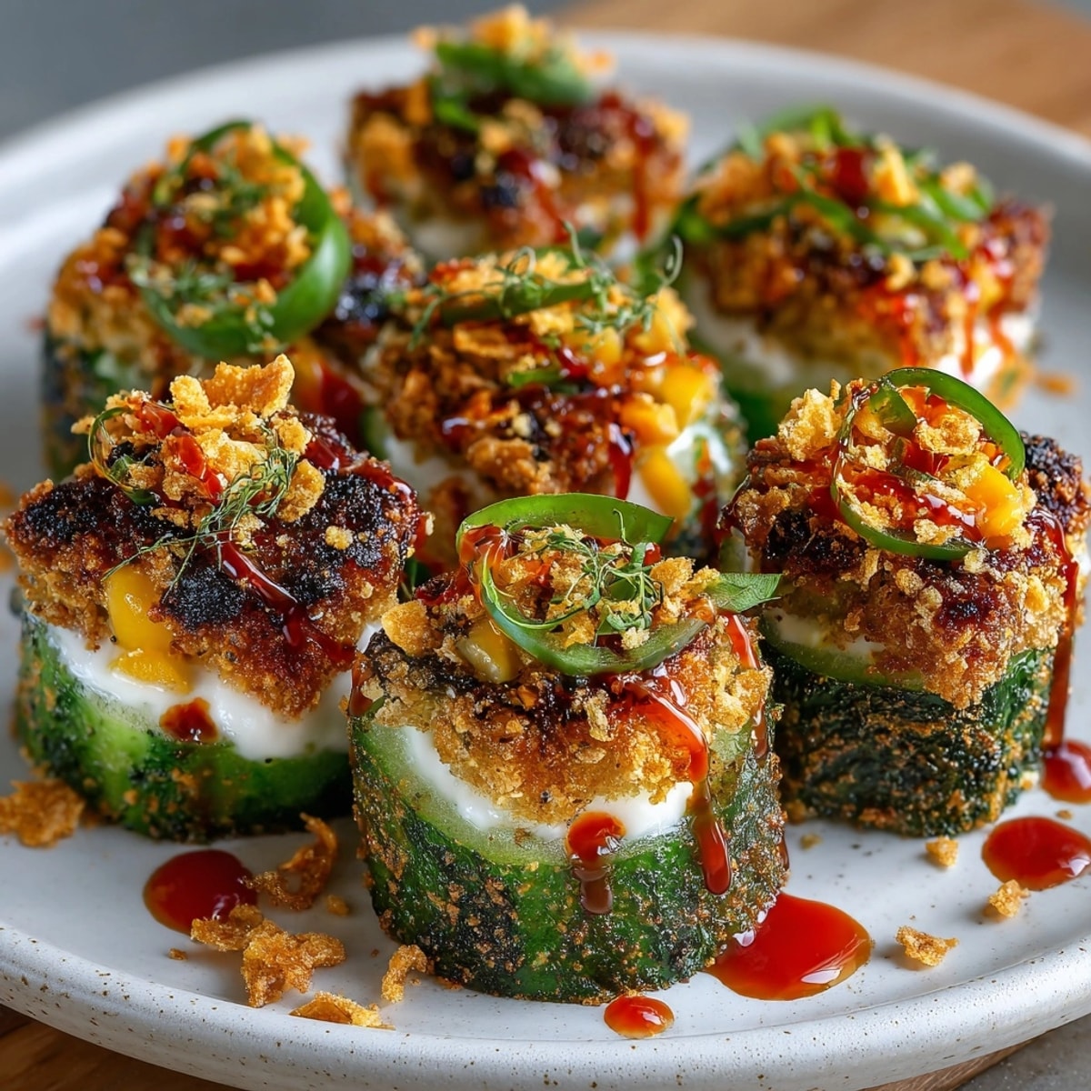 Spicy Chamoy Pickle Bites topped with chili-lime seasoning and crunchy chips, a vibrant treat.