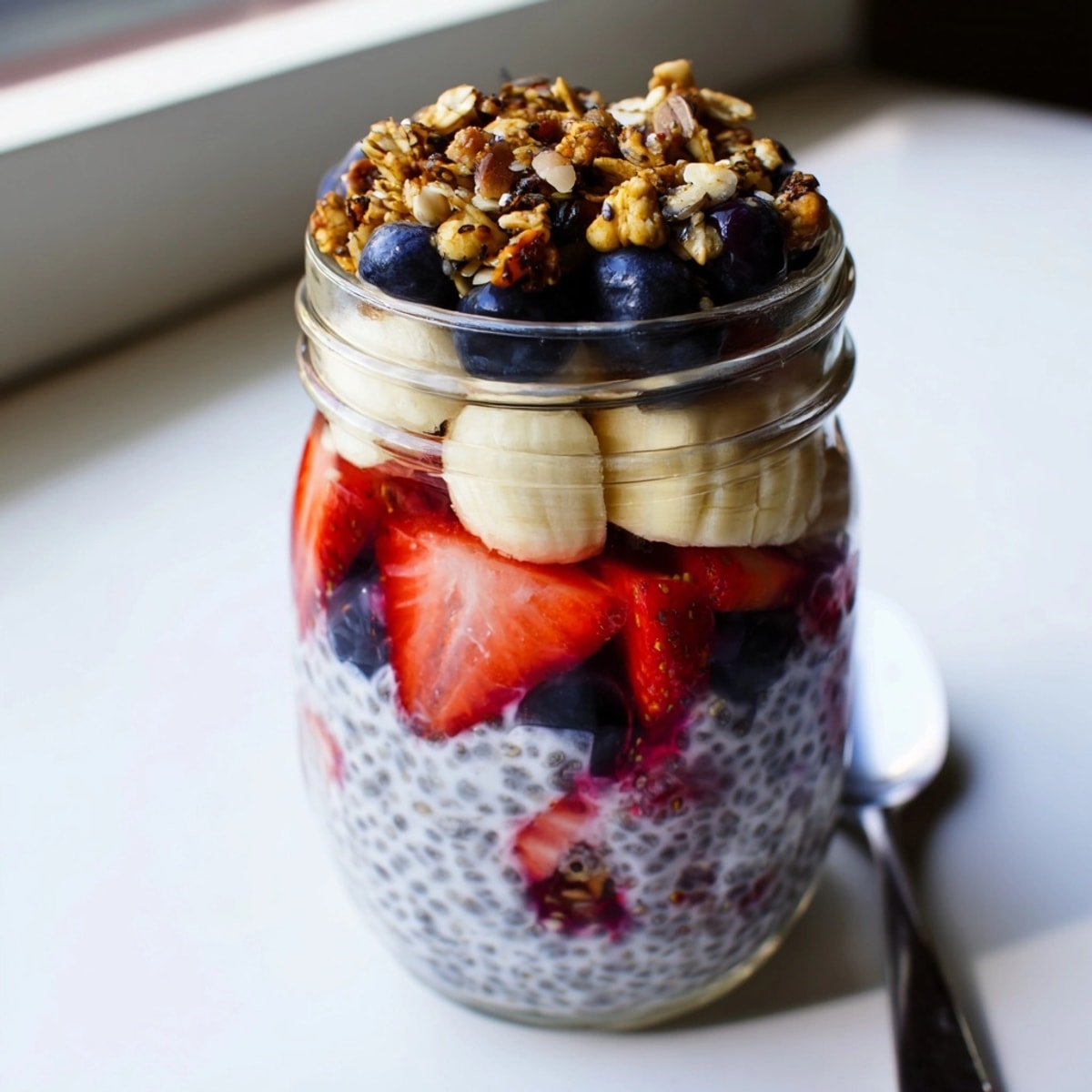 Refreshing vegan Chia Pudding Parfait recipe with layers of fruit and nutty granola topping.