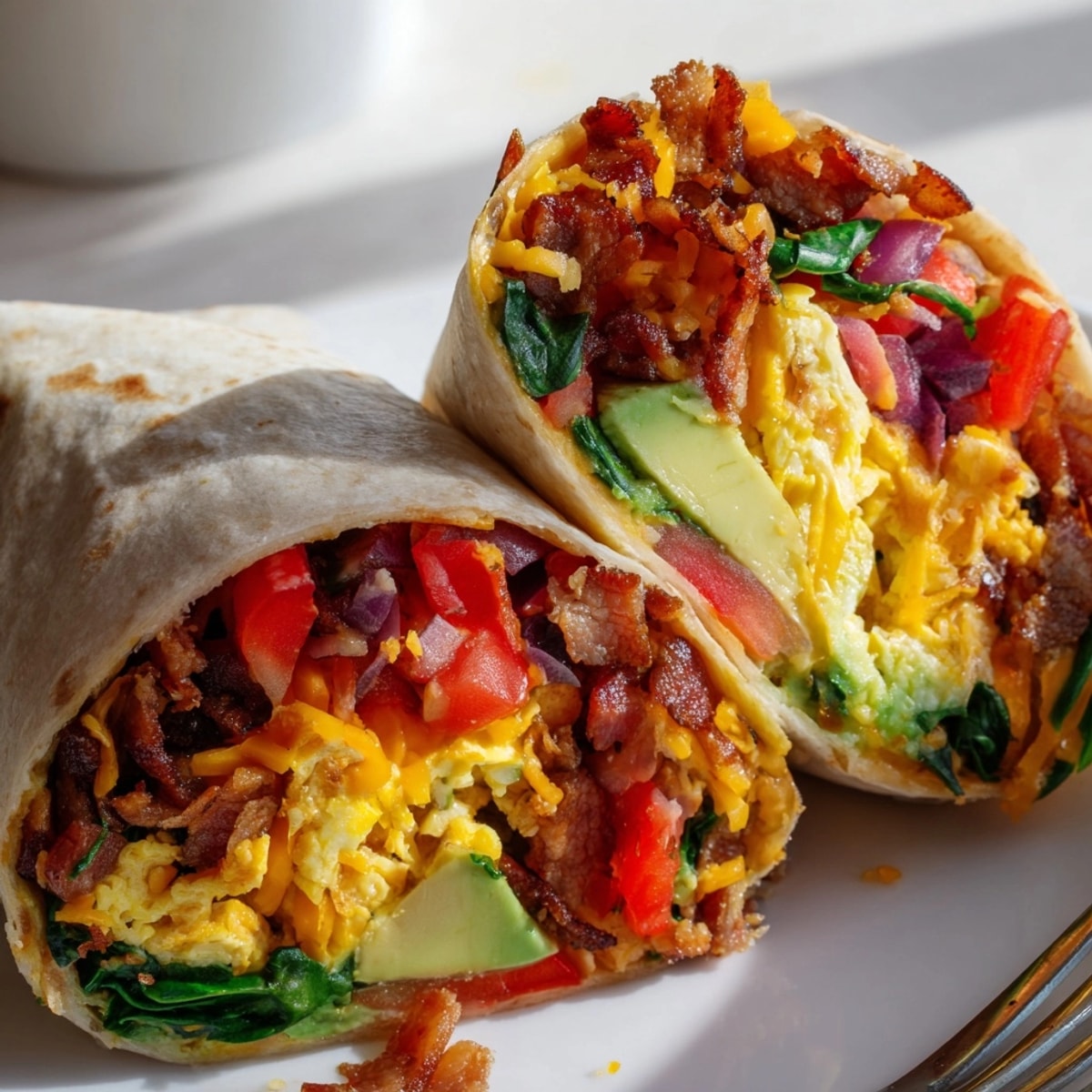 Golden Breakfast Burrito, a warm tortilla packed with cheese, eggs, and crispy bacon.