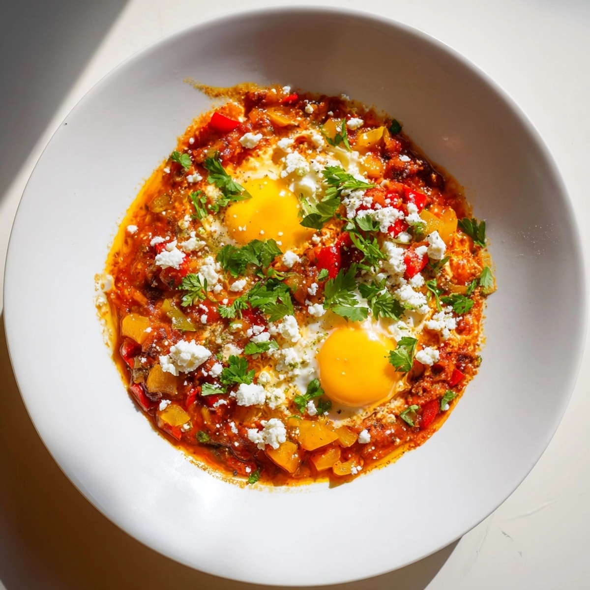 Hearty Shakshuka recipe: a flavorful tomato and pepper sauce cradling softly poached eggs.