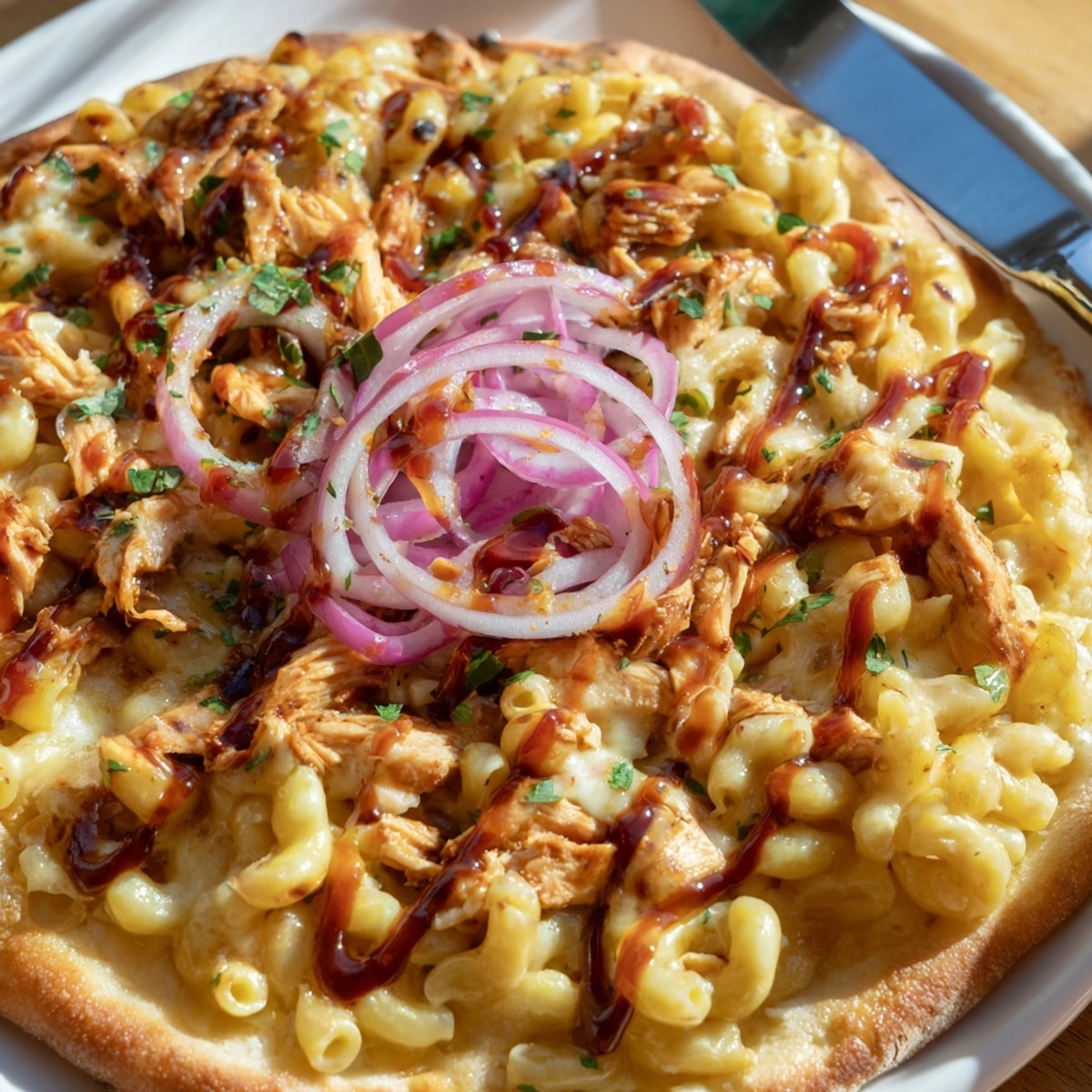 Close-up of golden Mac and Cheese BBQ Chicken Pizza, bubbly cheese and crispy crust.
