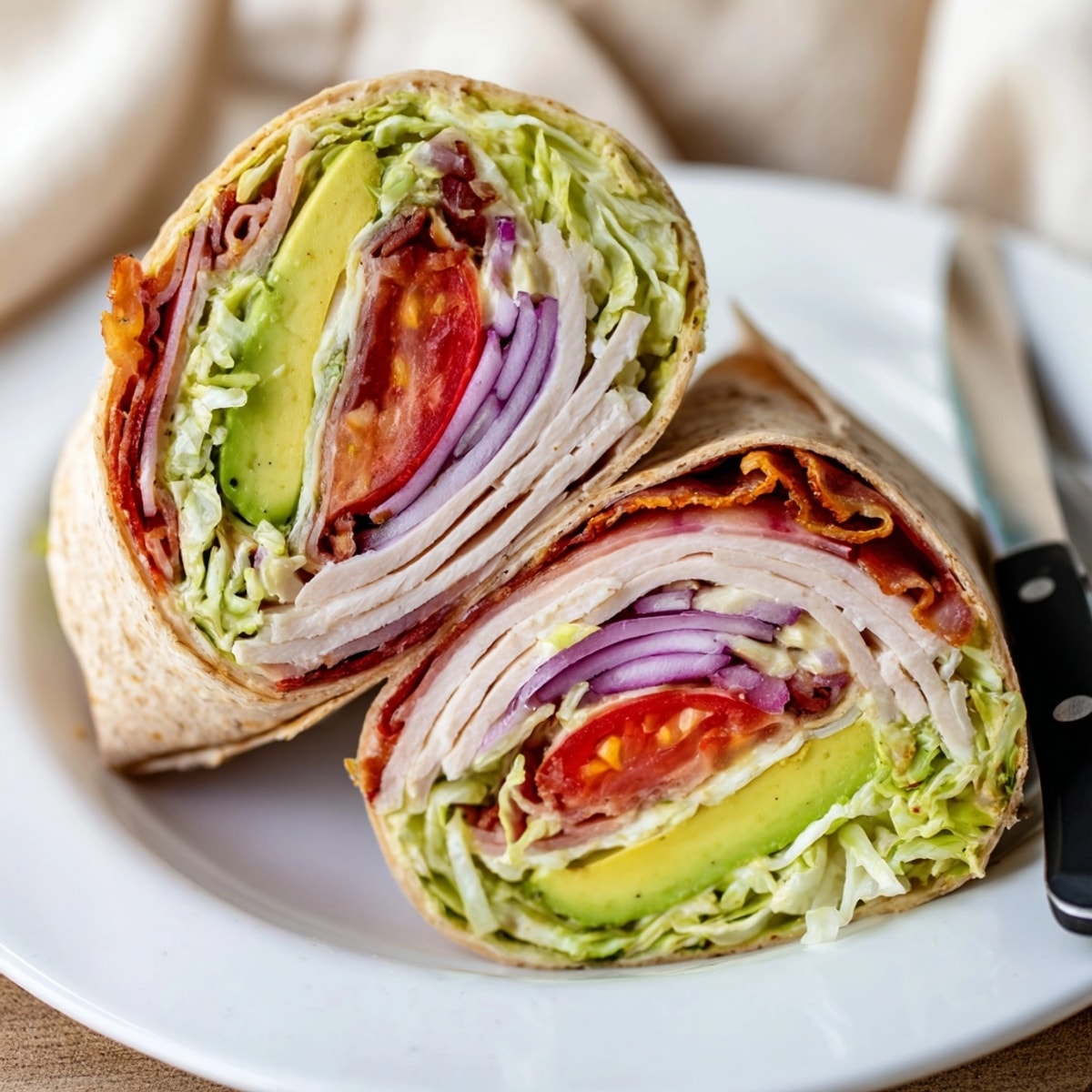 Creamy Avocado and Turkey BLT Wraps, piled high and ready to eat savory lunch.