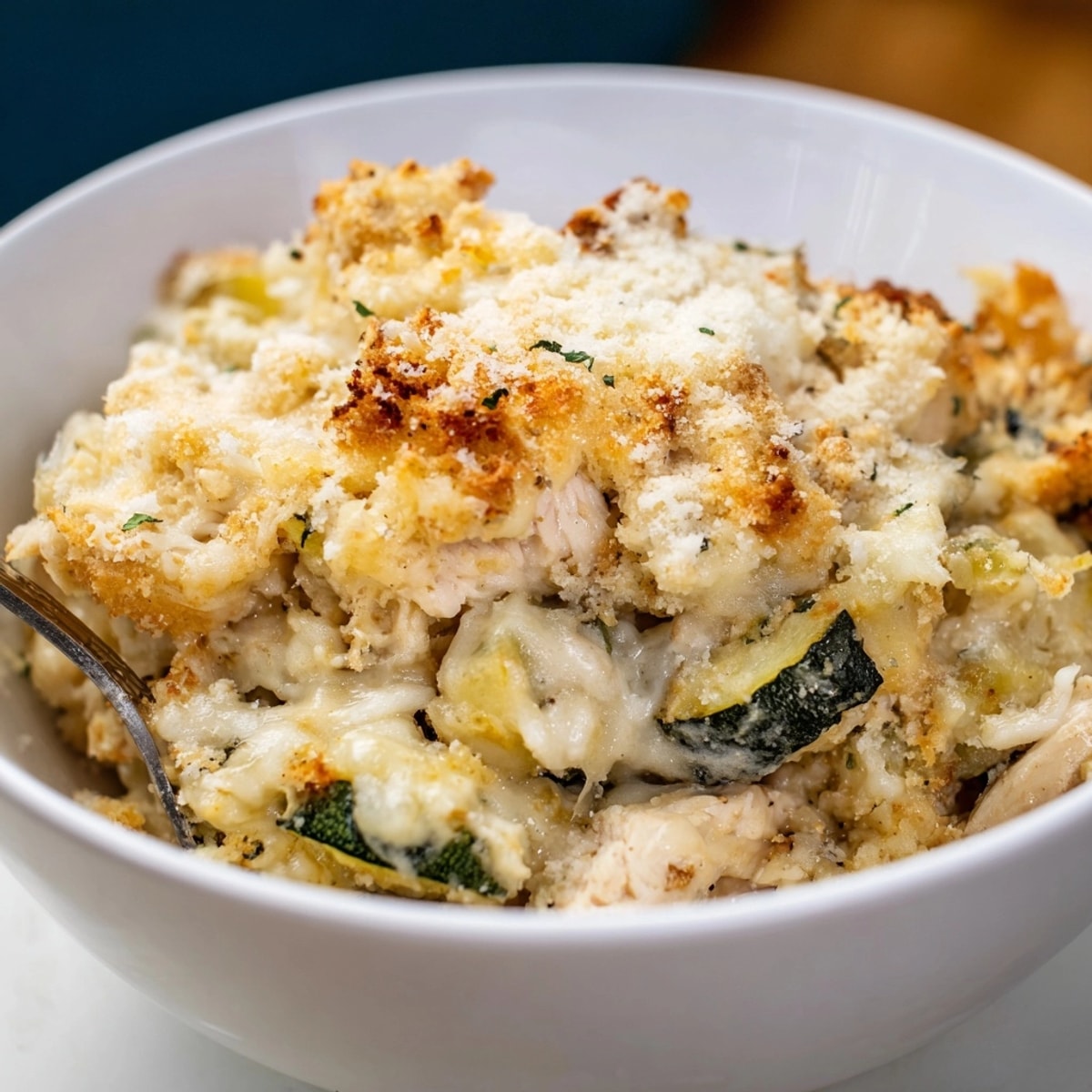 Creamy Alfredo Chicken Zucchini Casserole: Layers of cheesy goodness, chicken, zucchini, ready to serve.