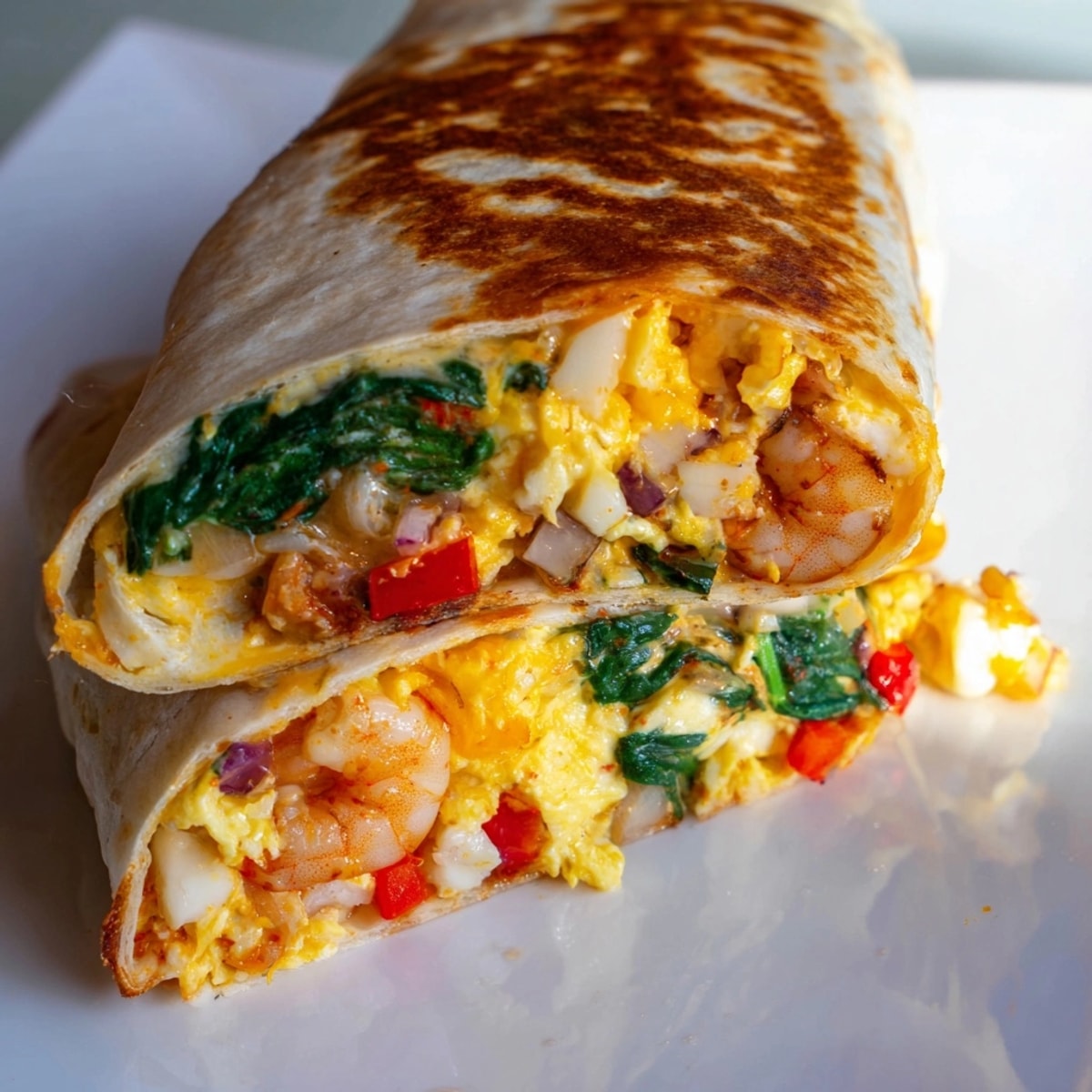 Fluffy Shrimp & Spinach Breakfast Burritos brimming with cheese, ready to be enjoyed with salsa.