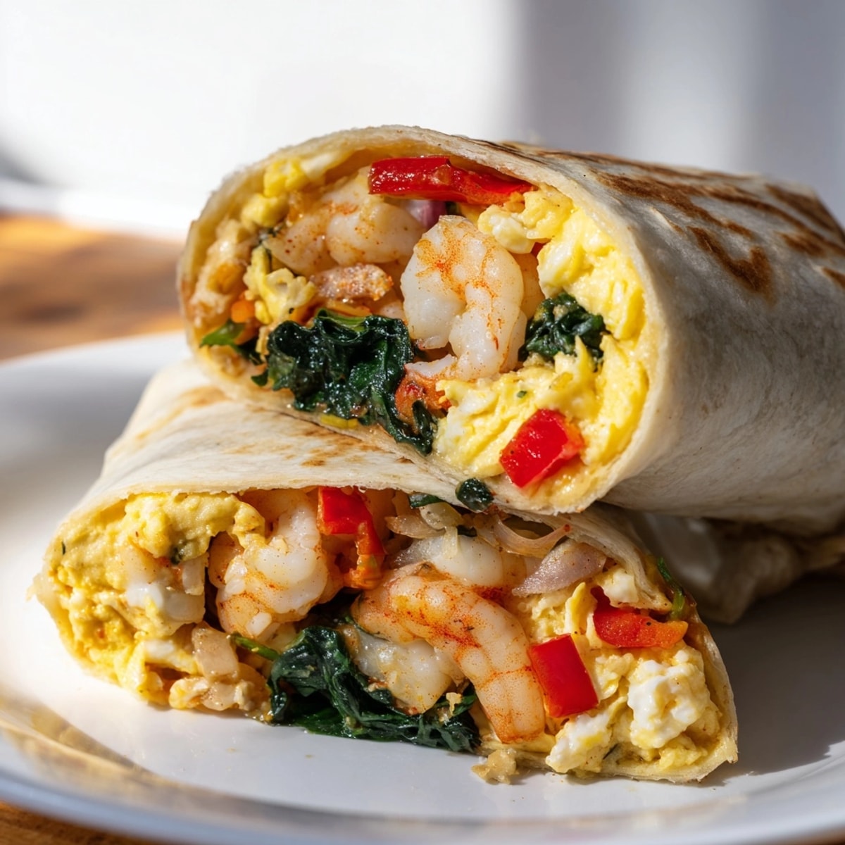 Golden, toasted Shrimp & Spinach Breakfast Burritos; perfect pescatarian breakfast ready within thirty minutes.