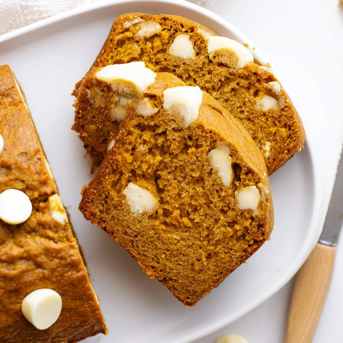 Sliced Pumpkin White Chocolate Muffin Loaf drizzled with butter, ideal for cozy snack breaks.
