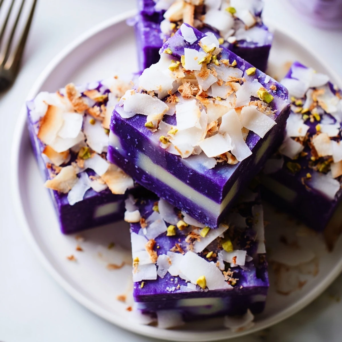 Creamy ube fudge squares topped with coconut, perfect for charcuterie board desserts.