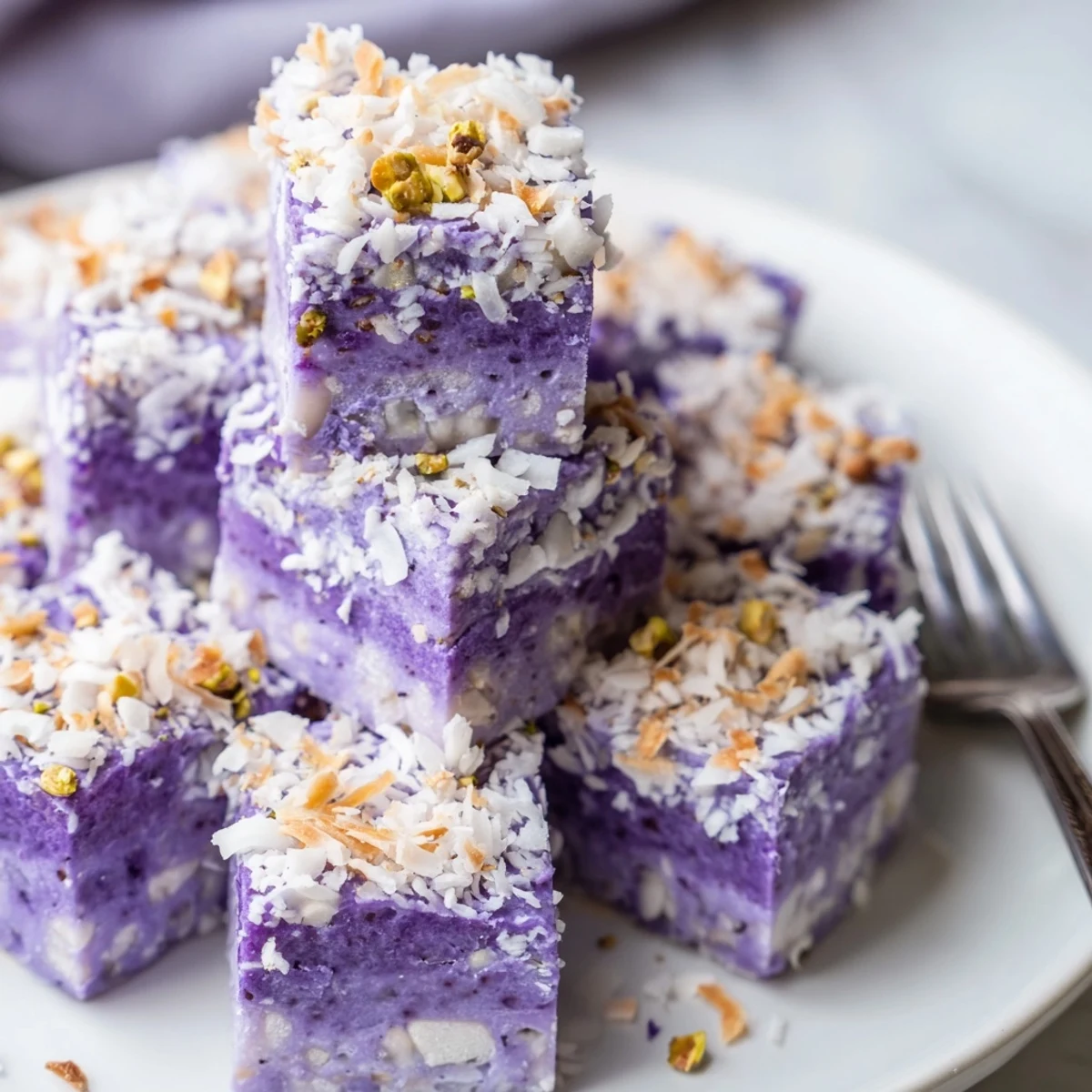 Colorful ube fudge squares with coconut and pistachios, ideal for festive gatherings.