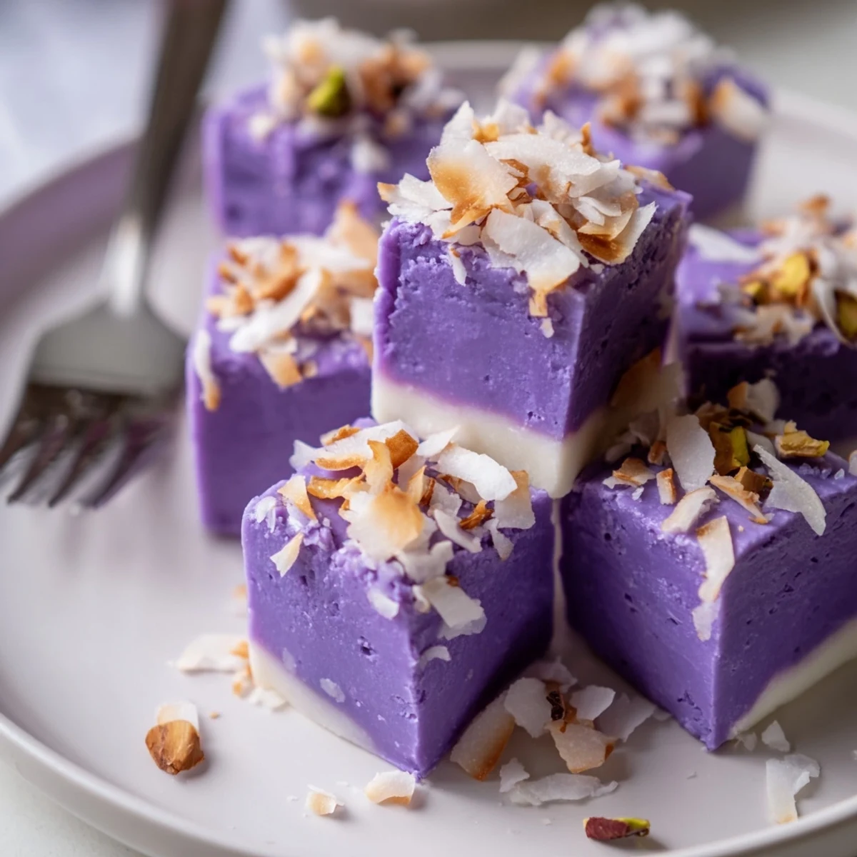 Savory and sweet ube fudge squares add vibrant flavor to any charcuterie layout.