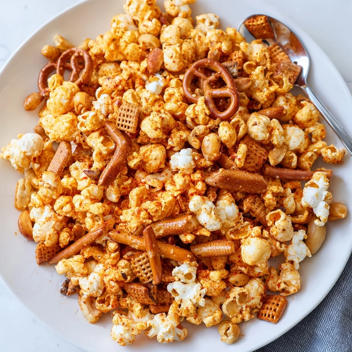 Vibrant Sriracha popcorn mix with pretzels and nuts for a savory holiday treat.  