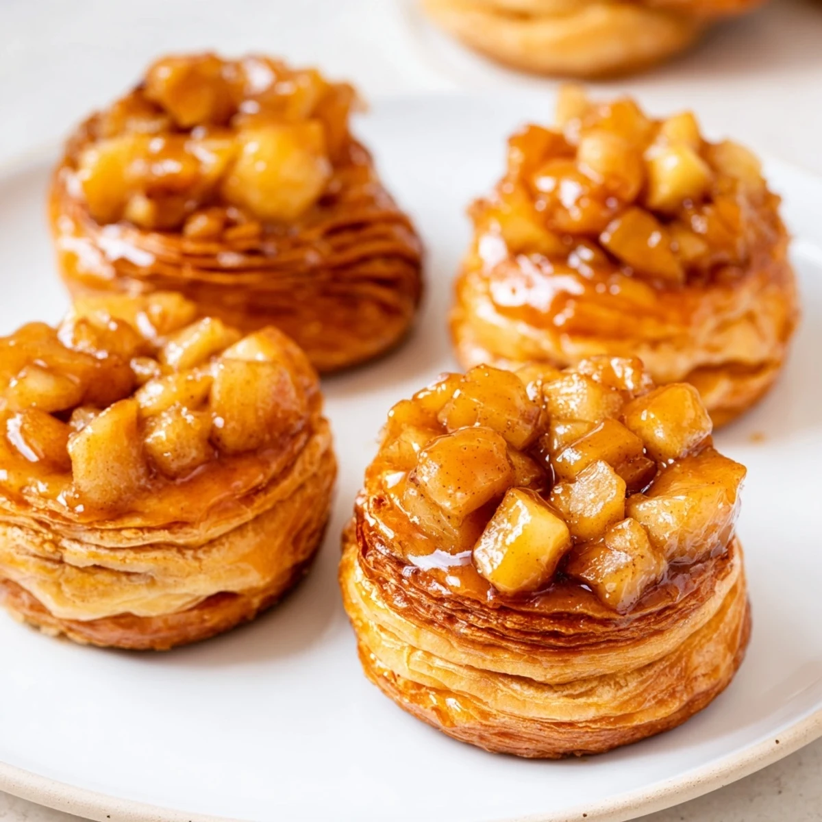 Flaky caramel apple puff pastry donuts drizzled with sweet, warm caramel glaze.