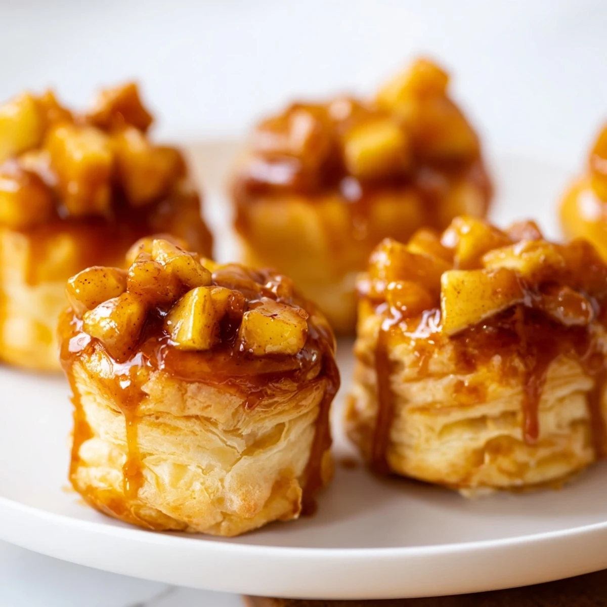 Golden-brown puff pastry donuts stuffed with caramelized apples, topped with rich caramel.