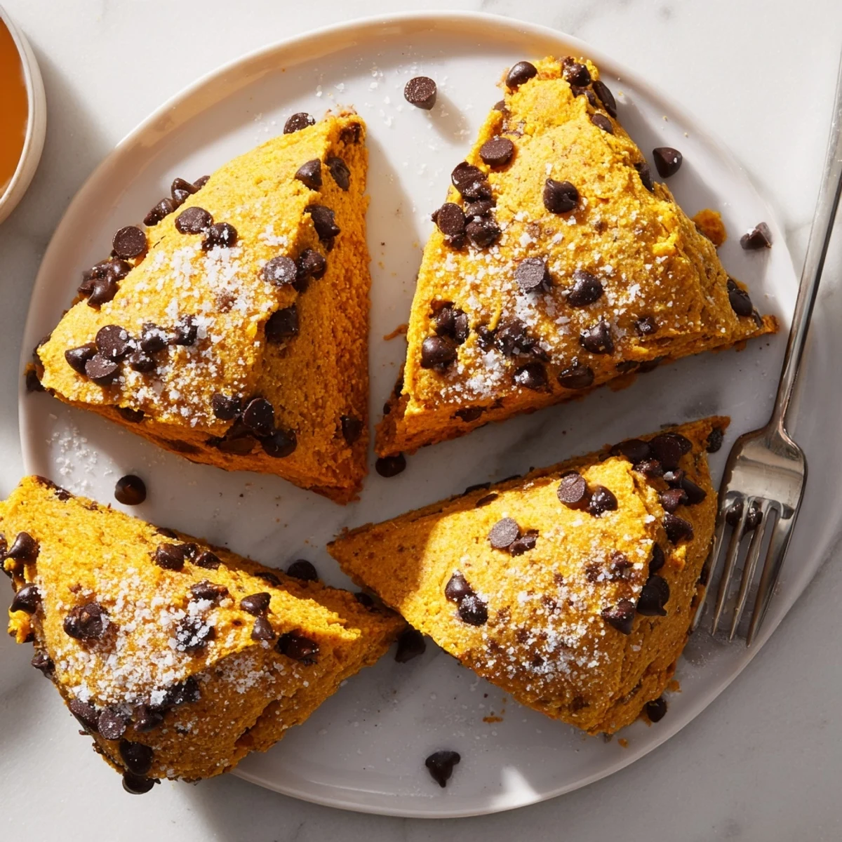 Golden-brown Pumpkin Muffin Cookie Dough Scones topped with chocolate chips and sugar.