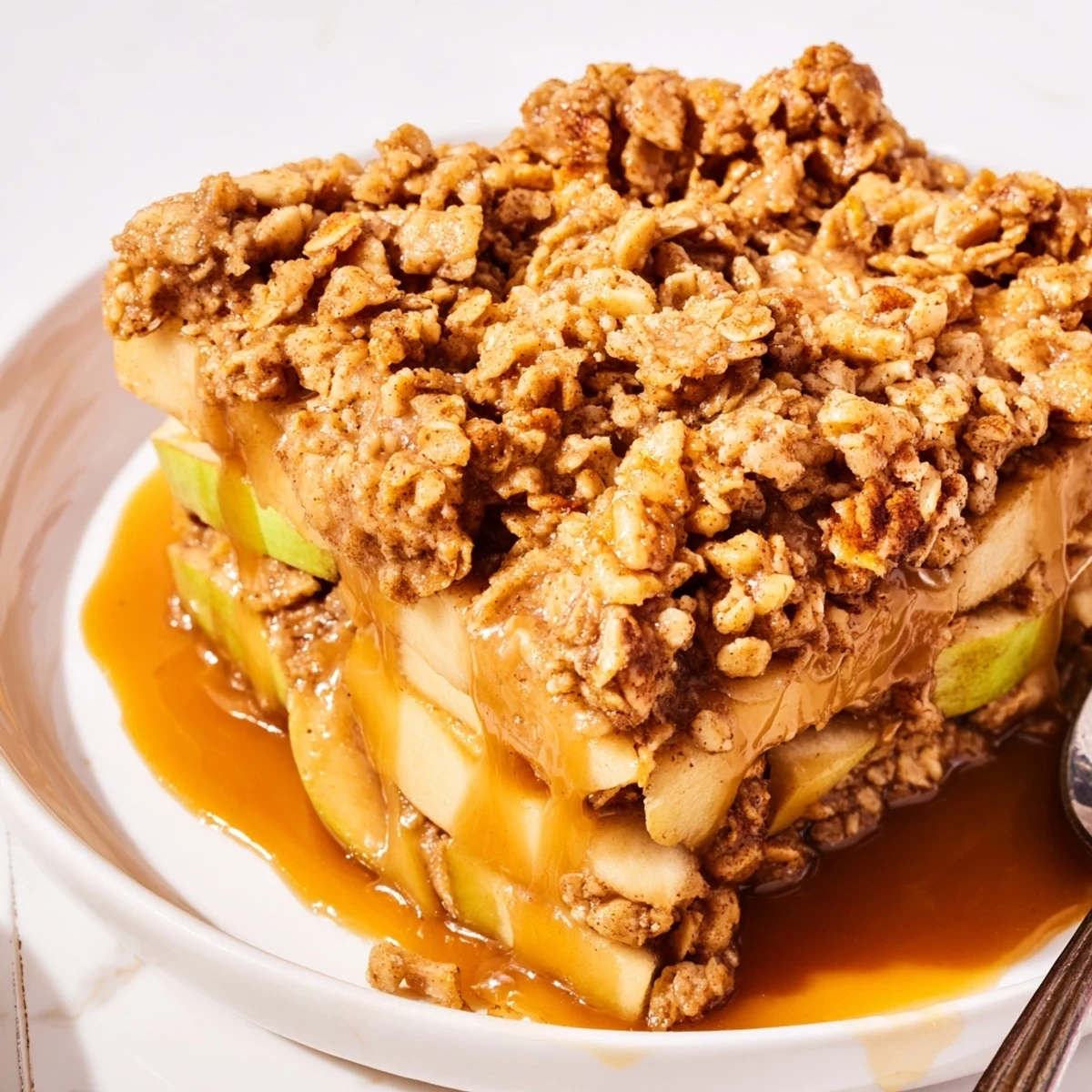 Luscious Maple Bourbon Caramel Apple Crunch dessert with crunchy oat topping and warm spices.  