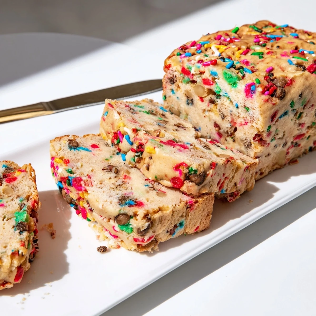 A warm Funfetti Chai Biscuit Cake Loaf topped with colorful sprinkles and spices.