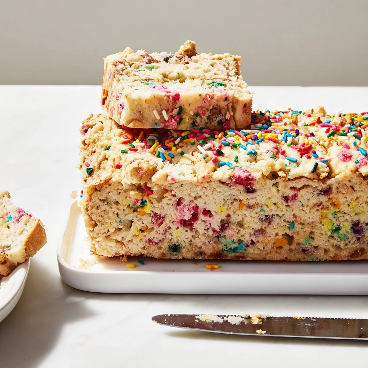 Deliciously textured Funfetti Chai Biscuit Cake Loaf fresh from the oven, perfect for sharing.