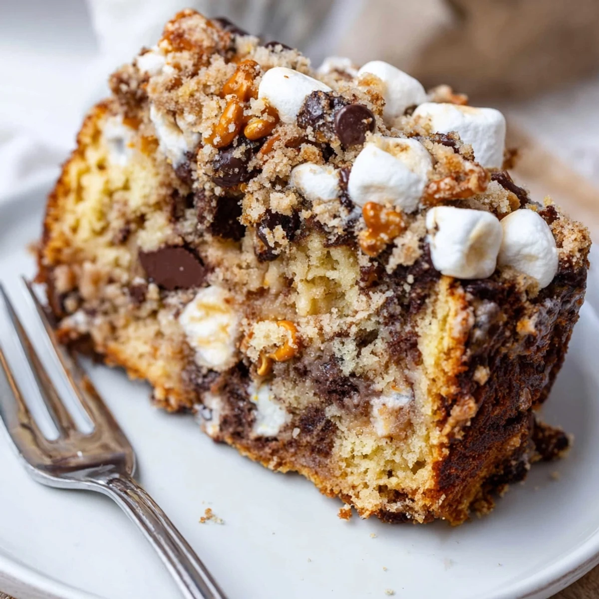 Smores Cinnamon Pretzel Muffin Loaf baked golden, topped with gooey marshmallows and chocolate.