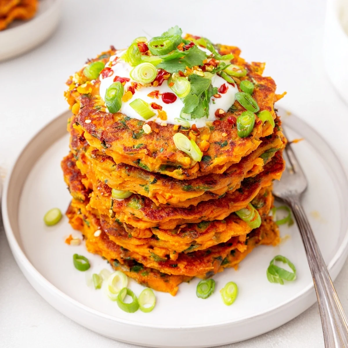 Savory Chili Garlic Sweet Potato Pancake Stacks topped with creamy yogurt sauce and herbs.
