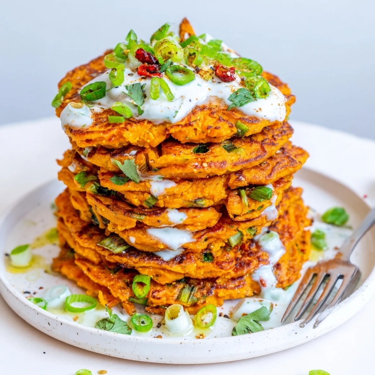 Deliciously layered sweet potato pancakes drizzled with tangy yogurt, garnished with fresh herbs.