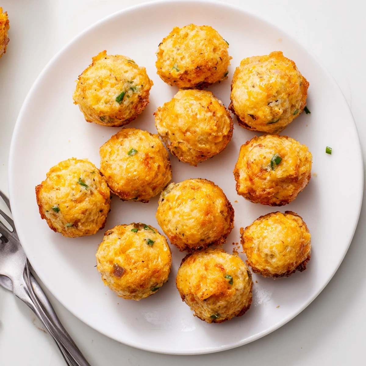 Savory Spicy Ranch Cheddar Muffin Balls, golden and cheesy, sprinkled with jalapeños.  