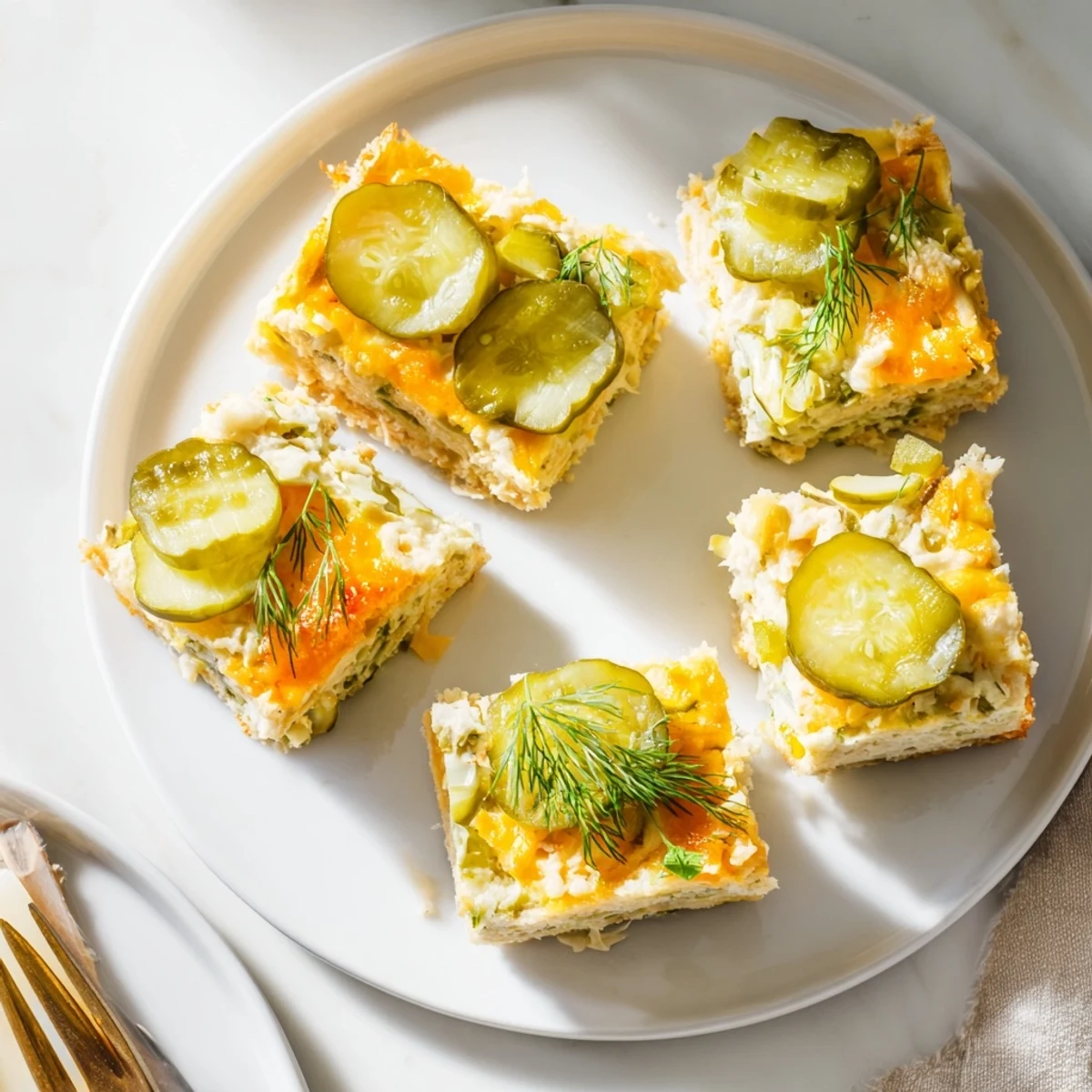 Savory Dill Pickle Casserole Pancake Squares topped with melted cheese and fresh herbs.