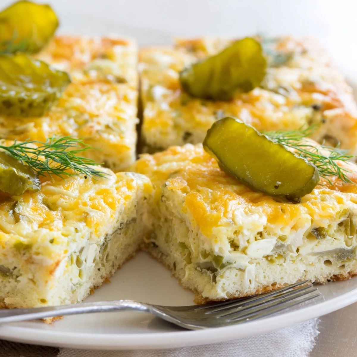 Delicious Dill Pickle Casserole Pancake Squares served warm, garnished with pickle slices.