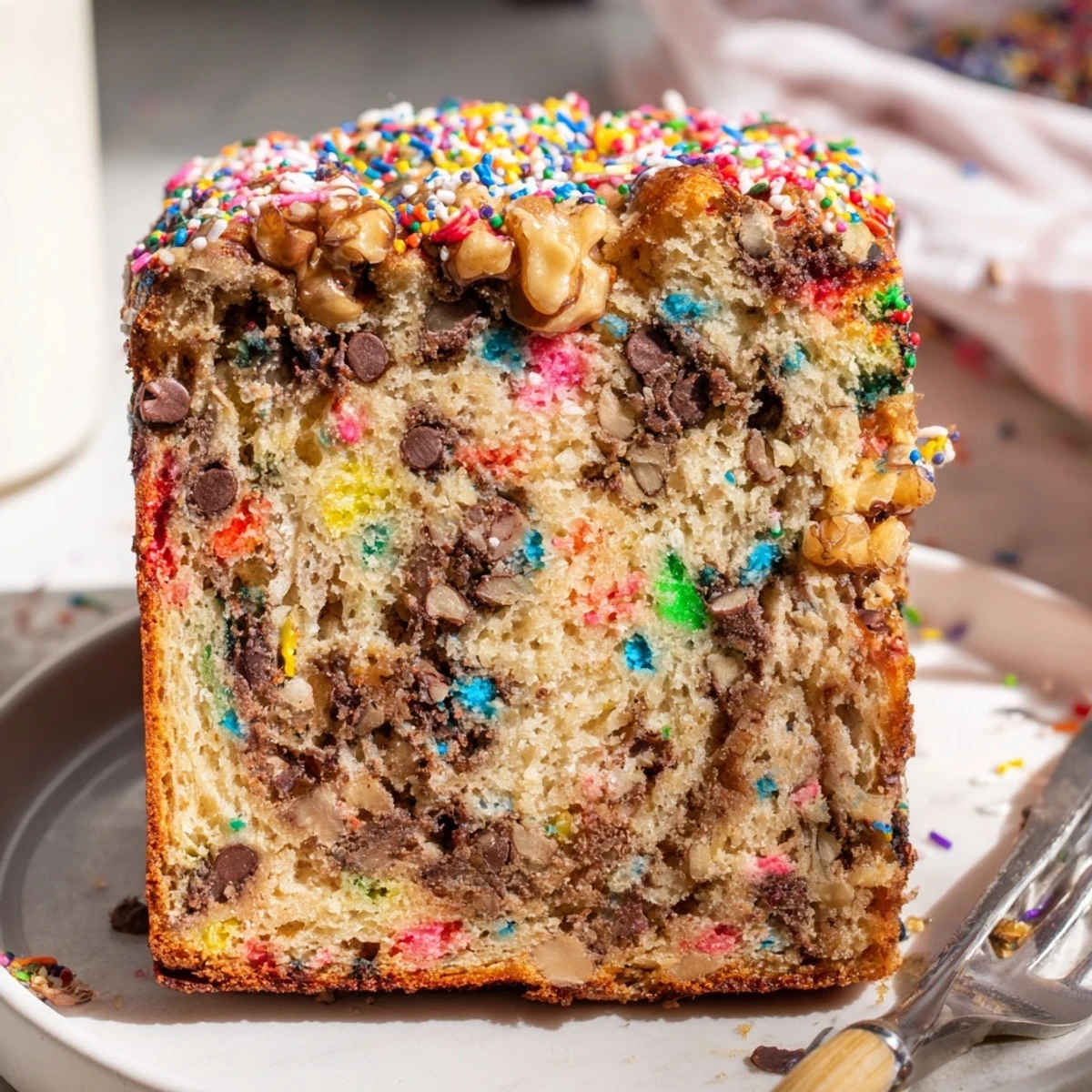 A vibrant Chaos Cake Monster Muffin Loaf topped with colorful sprinkles and chocolate chips.  