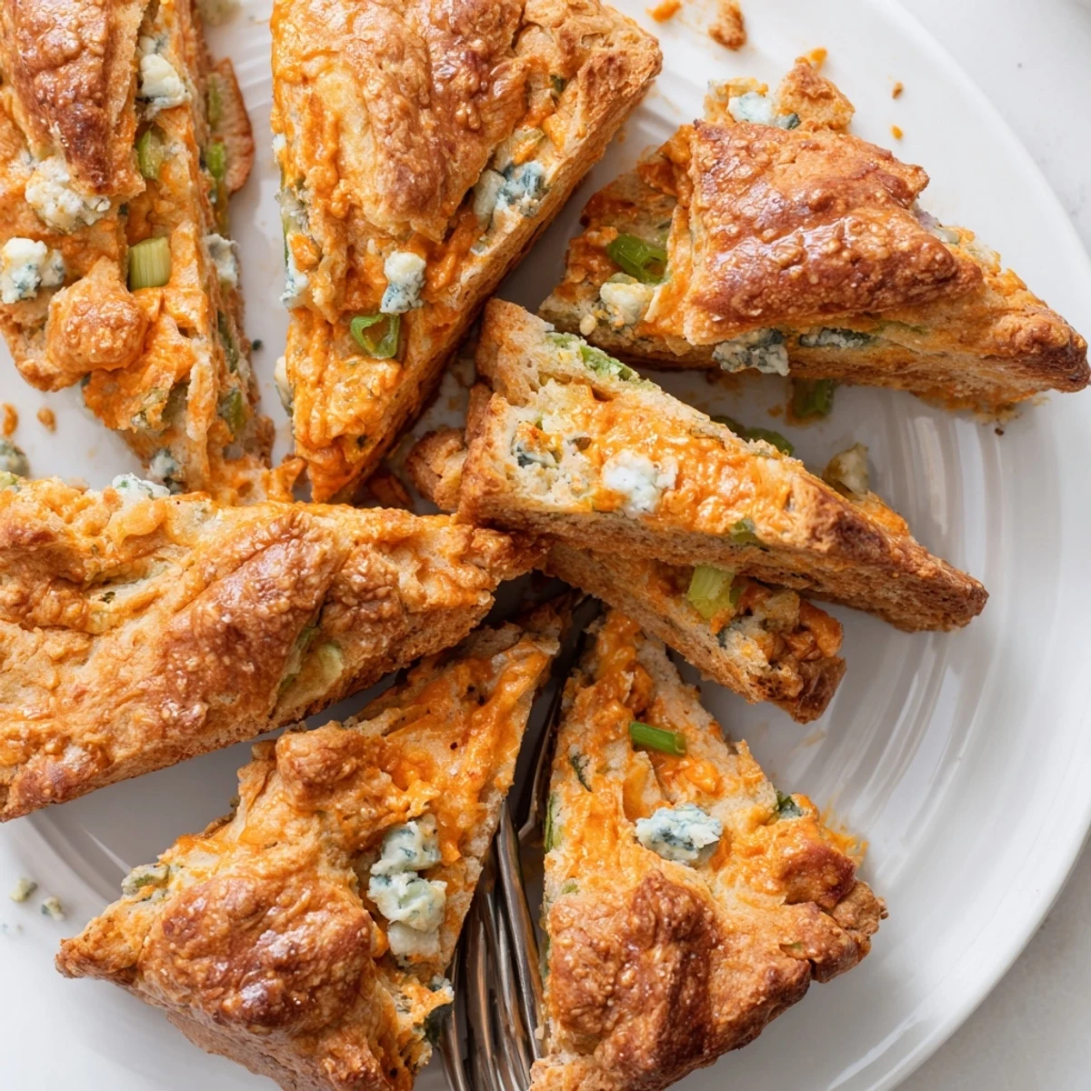 Fluffy Spicy Buffalo Biscuit Pretzel Scones with blue cheese and scallions, ready to enjoy.