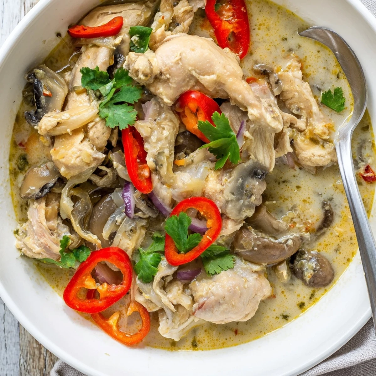 Fragrant Crockpot Thai Coconut Chicken Soup with vibrant vegetables and tender chicken pieces.
