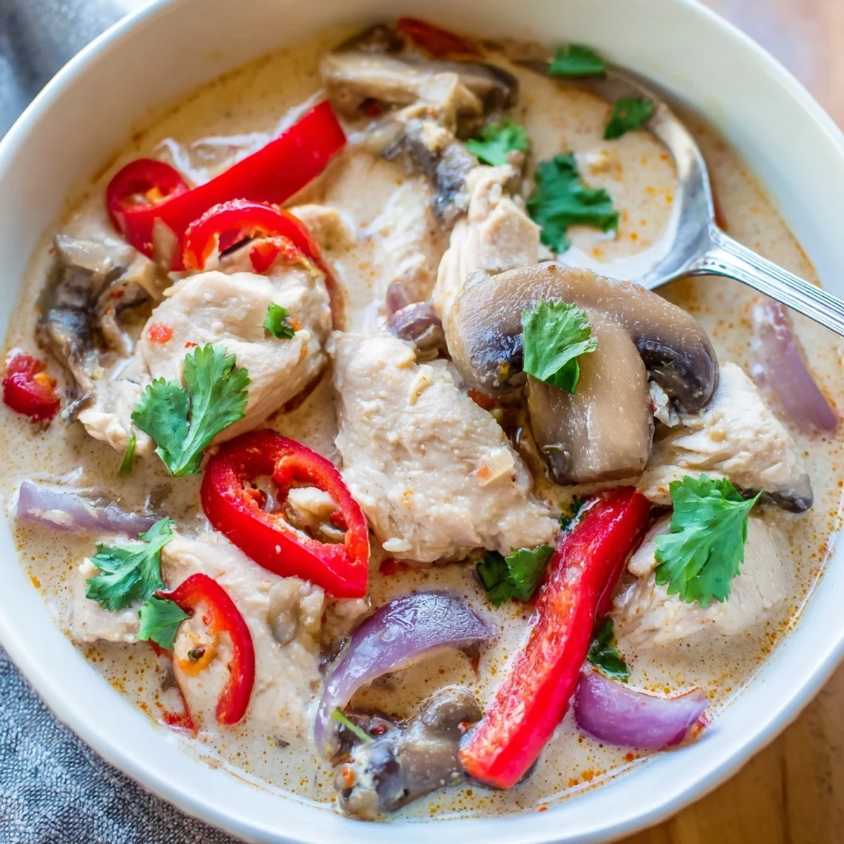 Comforting Crockpot Thai Coconut Chicken Soup perfect for chilly evenings or cozy gatherings.