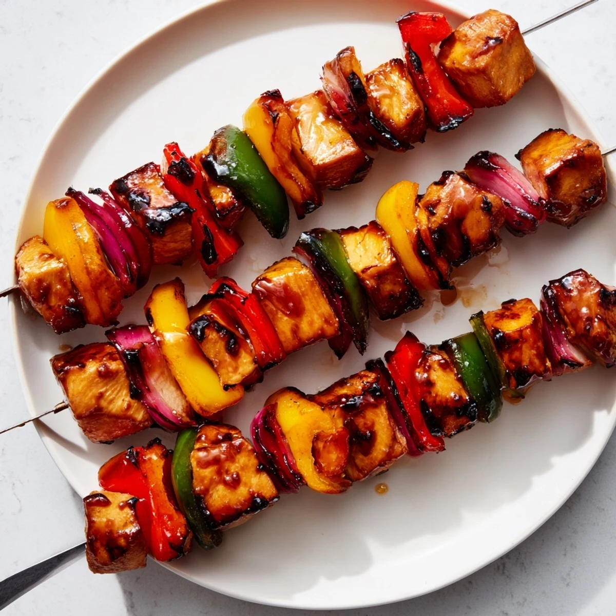 Juicy simplified chicken skewers glazed with teriyaki sauce and fresh veggies.  
