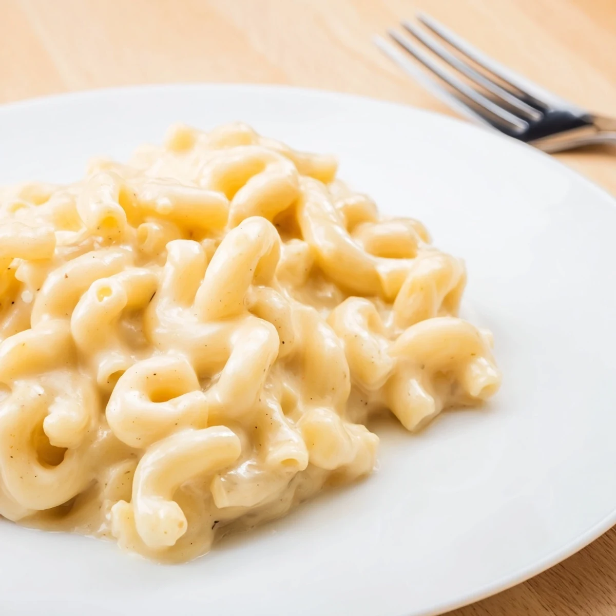 A bowl of high-protein mac & cheese featuring smooth cottage cheese blend and herbs.