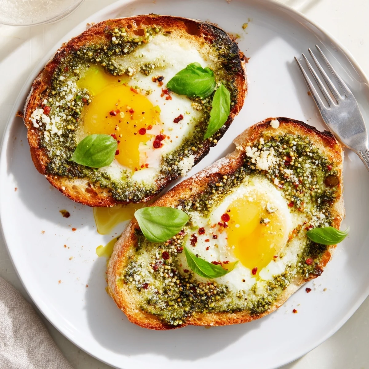 Sizzling Express Pesto Eggs served on toasted rustic bread for a delightful breakfast.