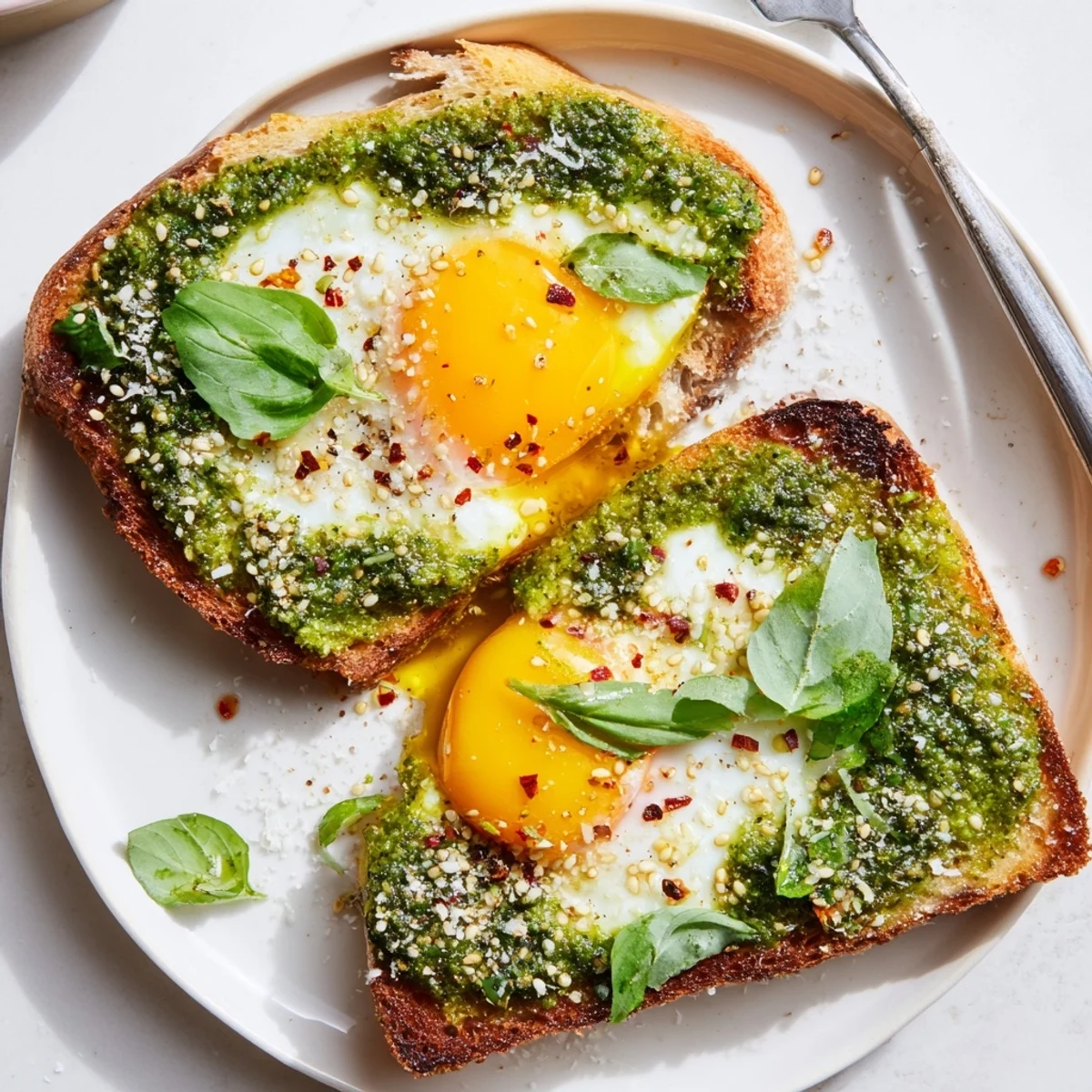 Flavorful Express Pesto Eggs topped with Parmesan and fresh basil for morning bliss.